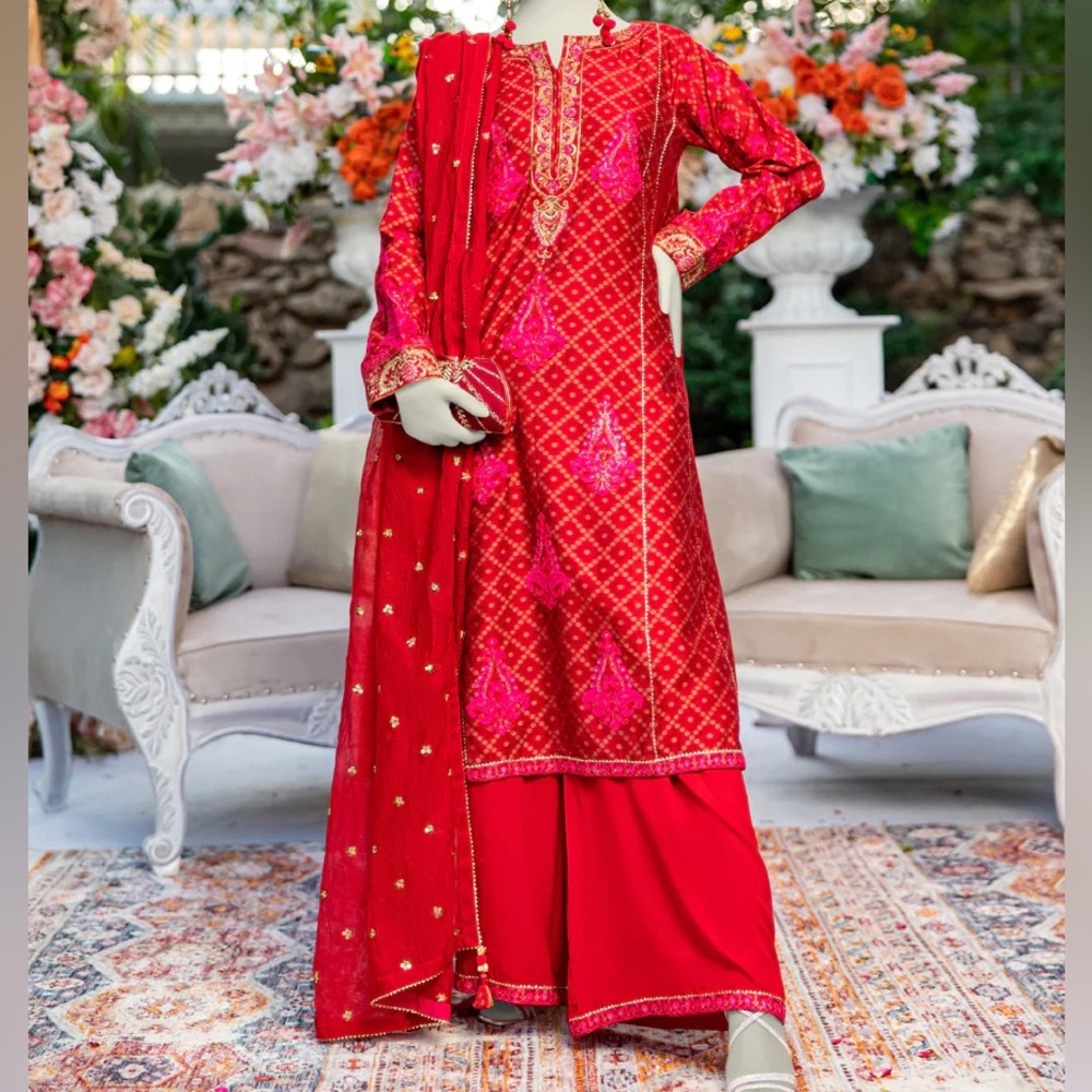 NWT J. Junaid Small Womens Red Embroidered Pakistani Salwar Kameez 3 Piece Set